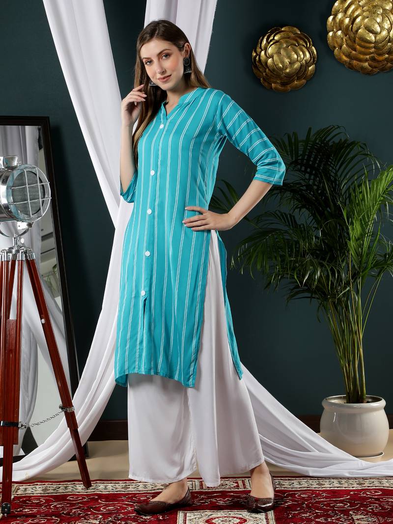 Fabclub Women Rayon Striped Straight Kurti (Turquoise)