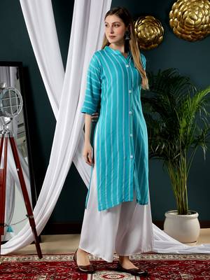 Fabclub Women Rayon Striped Straight Kurti (Turquoise) 3