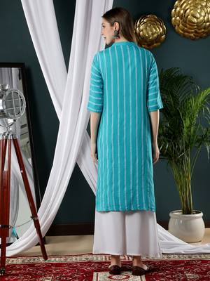 Fabclub Women Rayon Striped Straight Kurti (Turquoise) 4