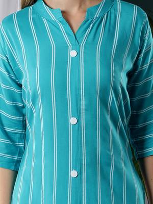 Fabclub Women Rayon Striped Straight Kurti (Turquoise) 5