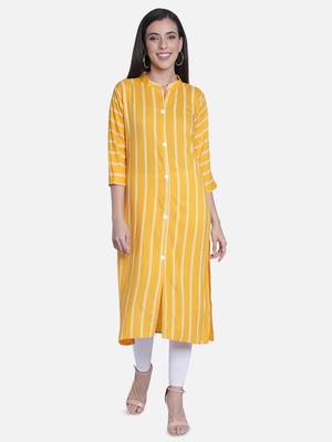 Fabclub Women Rayon Striped Straight Kurti (Mustard Yellow) 1