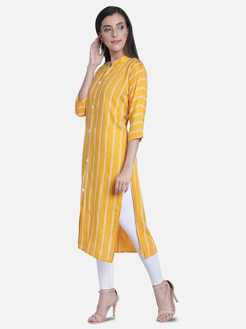 Fabclub Women Rayon Striped Straight Kurti (Mustard Yellow)