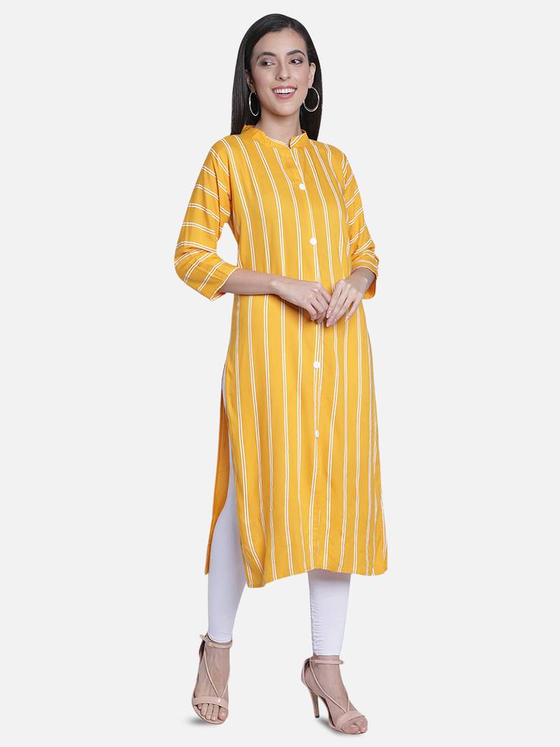Fabclub Women Rayon Striped Straight Kurti (Mustard Yellow)