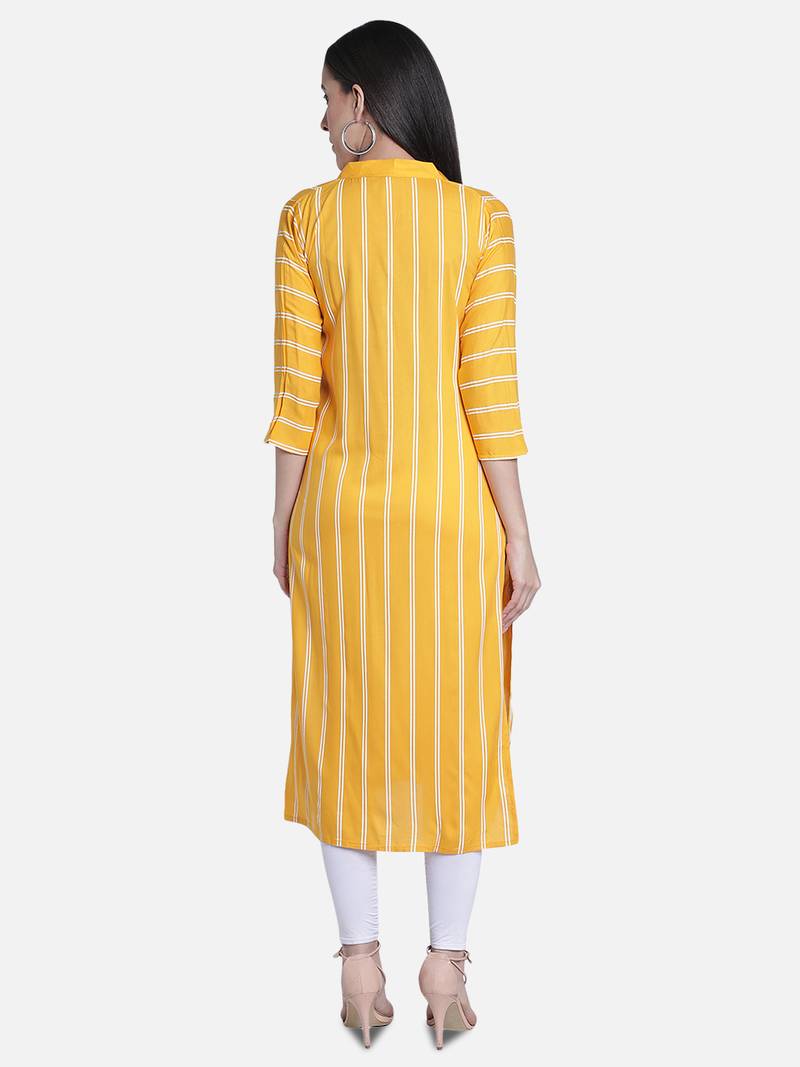 Fabclub Women Rayon Striped Straight Kurti (Mustard Yellow)