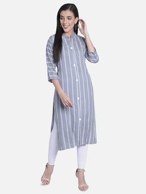 Fabclub Women Rayon Striped Straight Kurti (Gray) 1