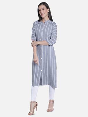 Fabclub Women Rayon Striped Straight Kurti (Gray) 2