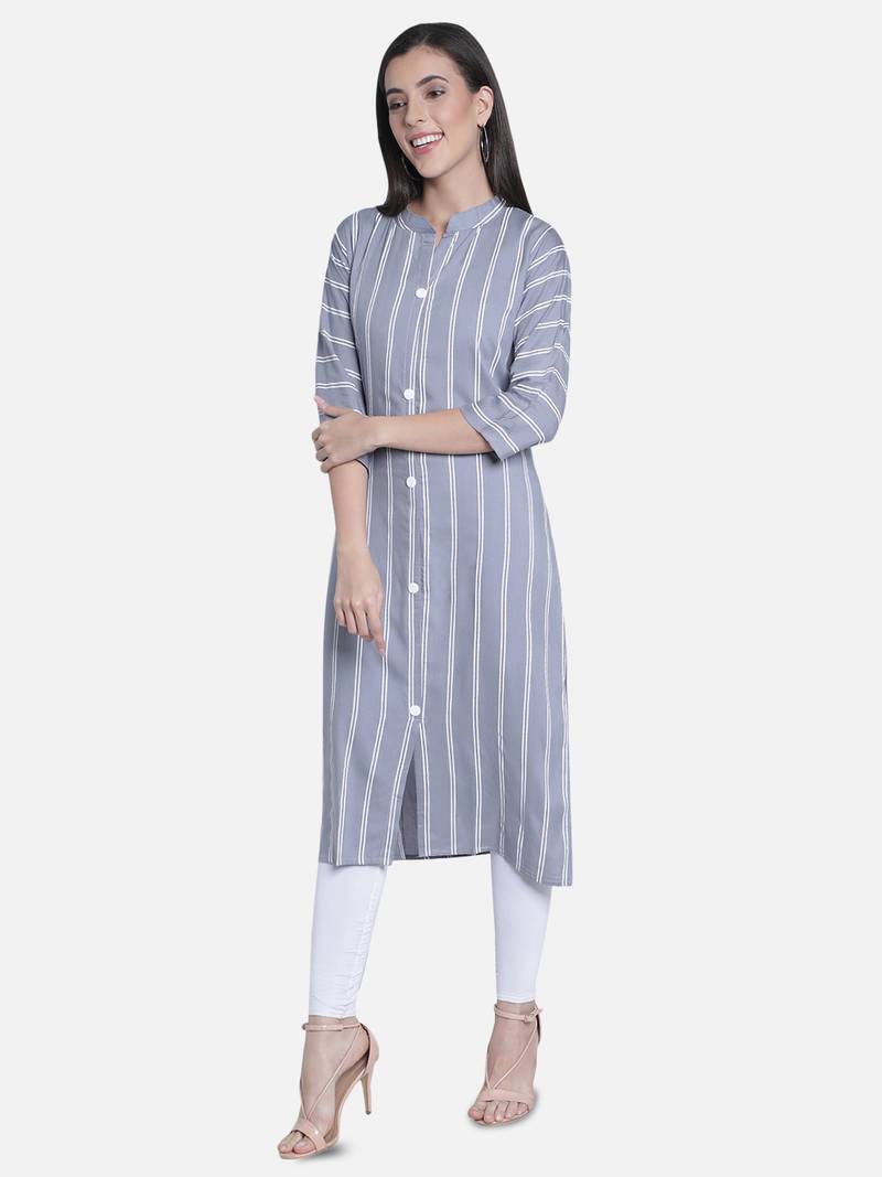 Fabclub Women Rayon Striped Straight Kurti (Gray)