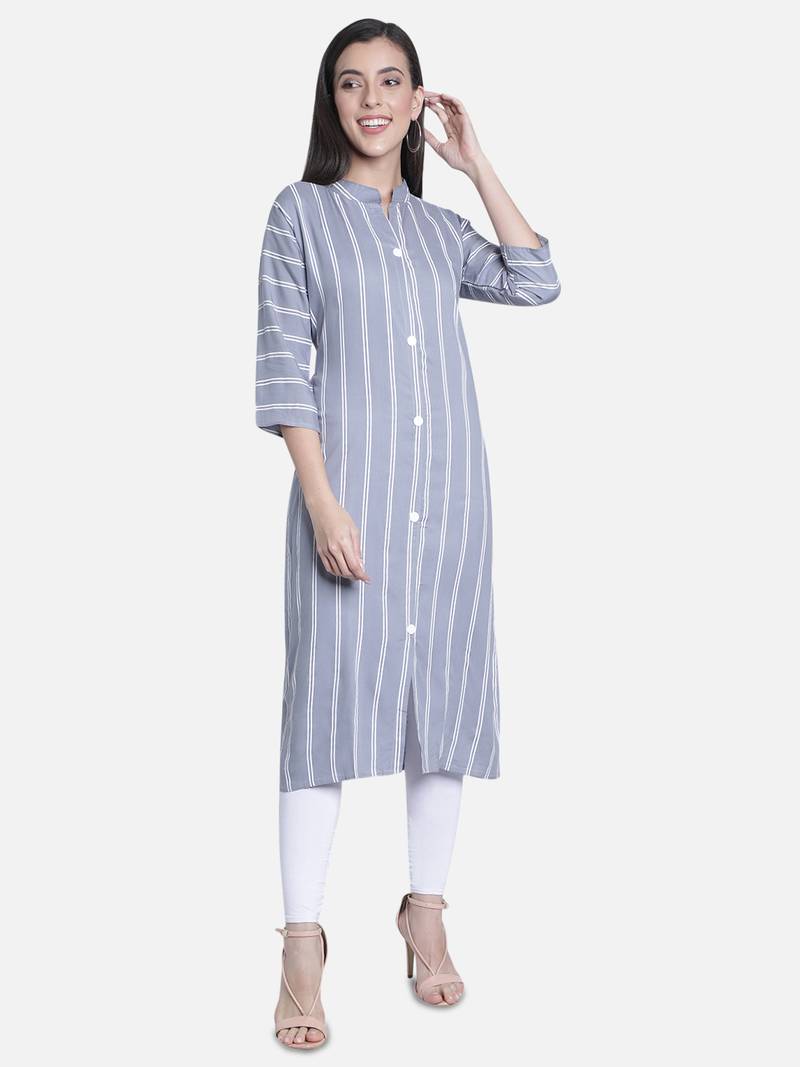 Fabclub Women Rayon Striped Straight Kurti (Gray)