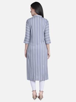 Fabclub Women Rayon Striped Straight Kurti (Gray) 4