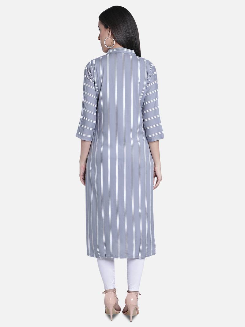 Fabclub Women Rayon Striped Straight Kurti (Gray)