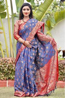 Navy Blue Woven Banarasi Silk Saree With Blouse
