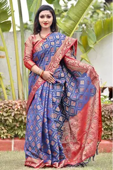 Navy Blue Woven Banarasi Silk Saree With Blouse