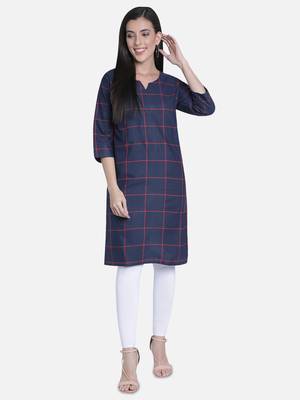 Fabclub Women Cotton Checks Straight Kurti (Navy Blue) 1