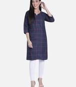 Fabclub Women Cotton Checks Straight Kurti (Navy Blue)
