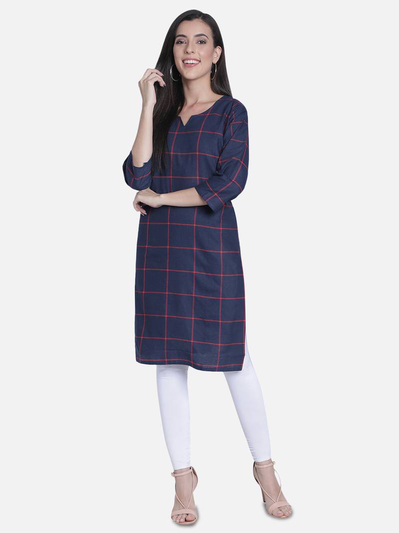 Fabclub Women Cotton Checks Straight Kurti (Navy Blue)