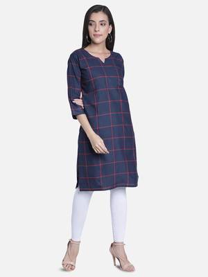 Fabclub Women Cotton Checks Straight Kurti (Navy Blue) 3