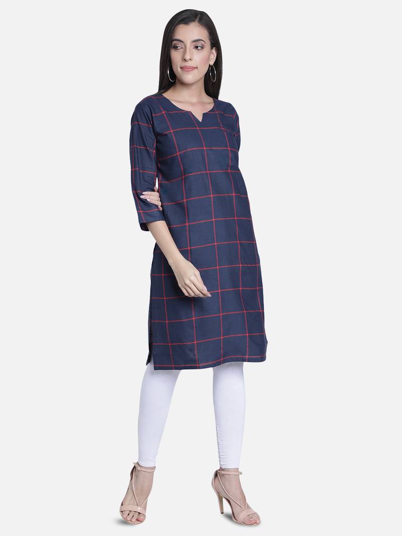 Fabclub Women Cotton Checks Straight Kurti (Navy Blue)