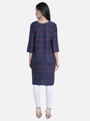 Fabclub Women Cotton Checks Straight Kurti (Navy Blue) 4
