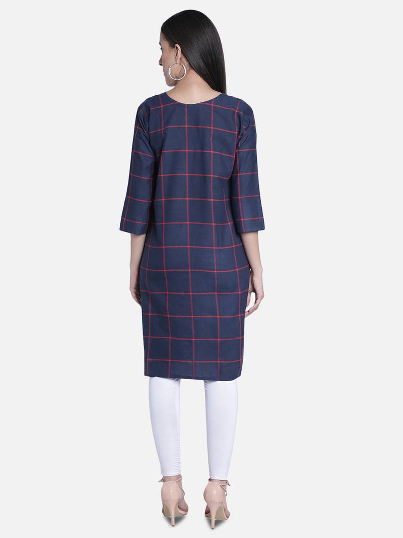 Fabclub Women Cotton Checks Straight Kurti (Navy Blue)