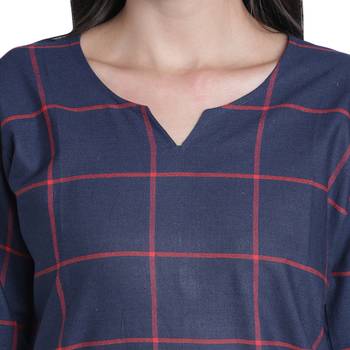 Fabclub Women Cotton Checks Straight Kurti (Navy Blue) 5