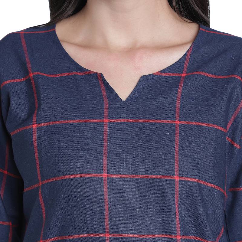 Fabclub Women Cotton Checks Straight Kurti (Navy Blue)