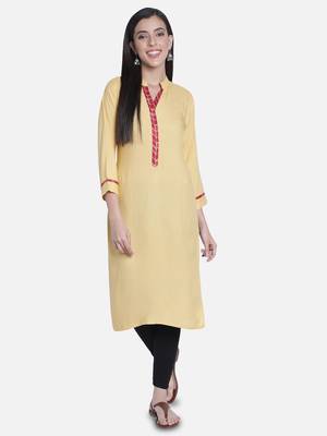Fabclub Women Rayon Solid Plain Straight Designer Kurti (Beige) 1