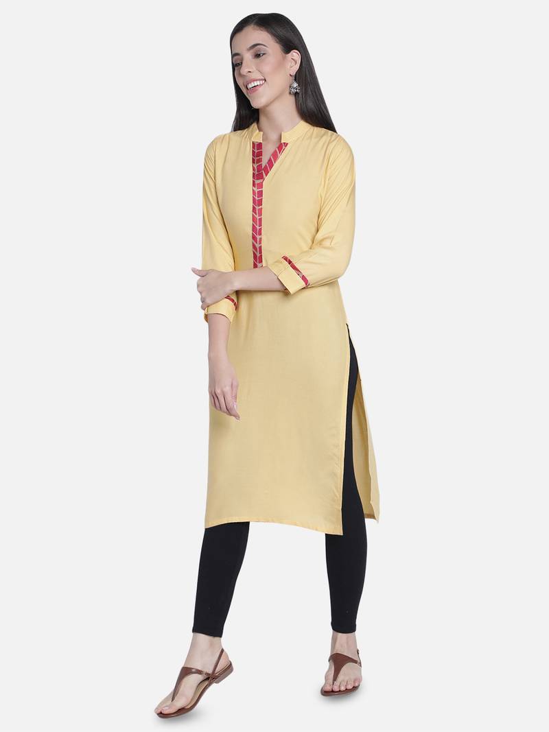 Fabclub Women Rayon Solid Plain Straight Designer Kurti (Beige)