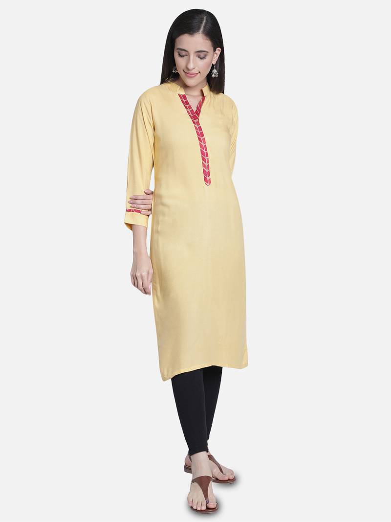 Fabclub Women Rayon Solid Plain Straight Designer Kurti (Beige)
