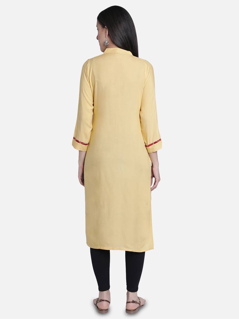 Fabclub Women Rayon Solid Plain Straight Designer Kurti (Beige)