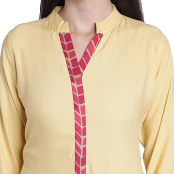 Fabclub Women Rayon Solid Plain Straight Designer Kurti (Beige) 5
