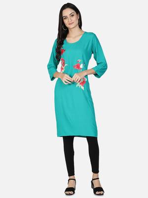 Fabclub Rayon Embroidered Straight Women Kurti (Turquoise) 1