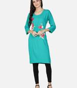 Fabclub Rayon Embroidered Straight Women Kurti (Turquoise)