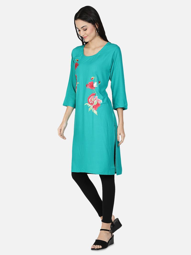 Fabclub Rayon Embroidered Straight Women Kurti (Turquoise)