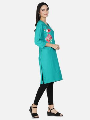 Fabclub Rayon Embroidered Straight Women Kurti (Turquoise) 3