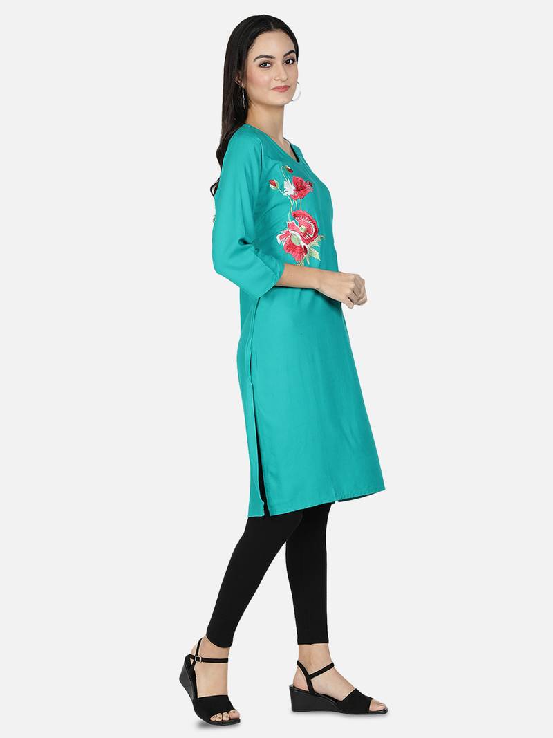 Fabclub Rayon Embroidered Straight Women Kurti (Turquoise)