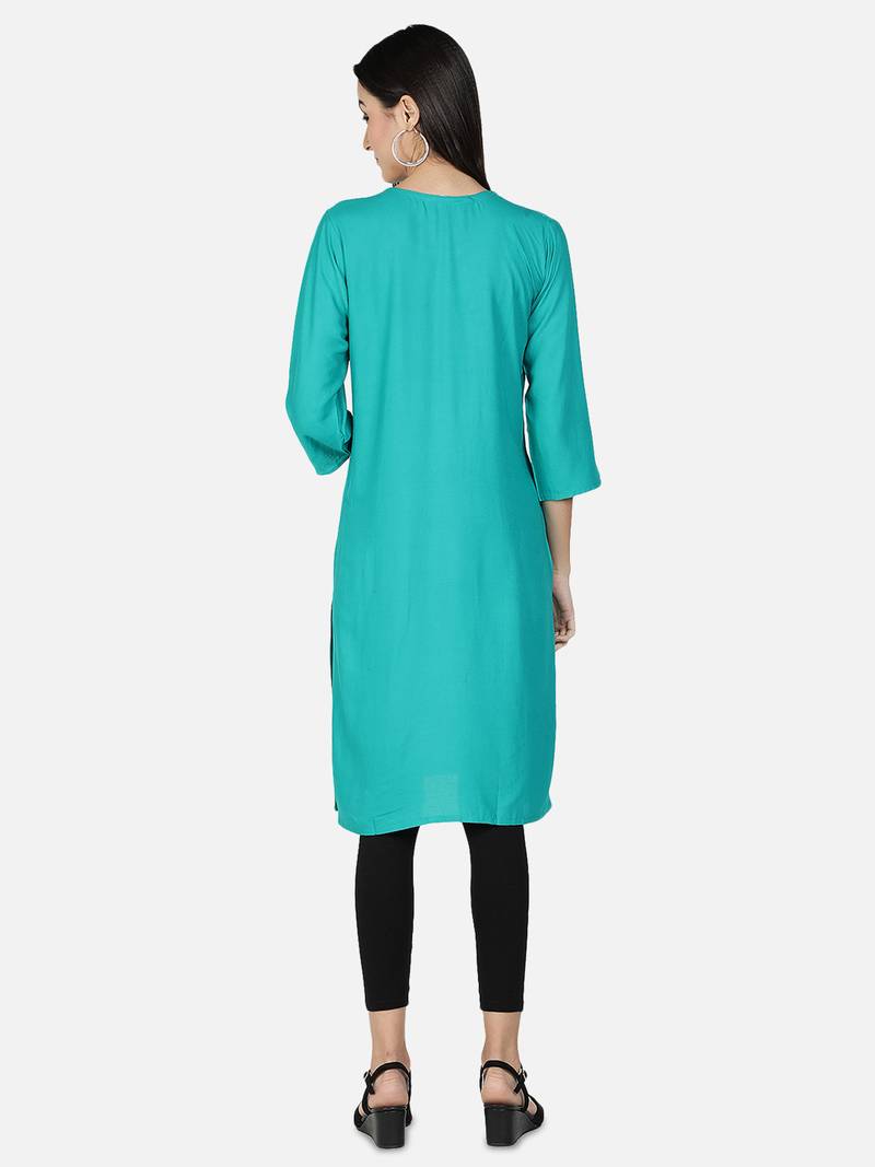 Fabclub Rayon Embroidered Straight Women Kurti (Turquoise)