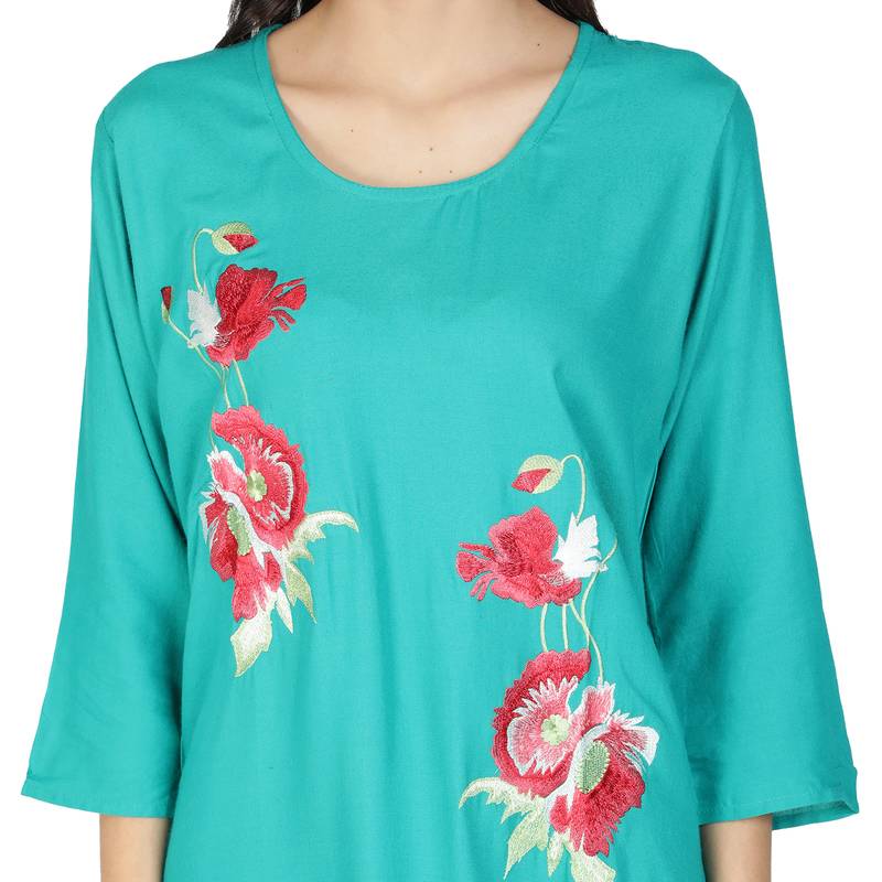 Fabclub Rayon Embroidered Straight Women Kurti (Turquoise)
