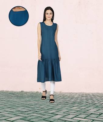 Fabclub Rayon Solid Plain Pleated Women Kurta Dress (Teal Blue) 1