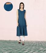 Fabclub Rayon Solid Plain Pleated Women Kurta Dress (Teal Blue)