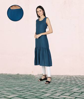Fabclub Rayon Solid Plain Pleated Women Kurta Dress (Teal Blue) 2