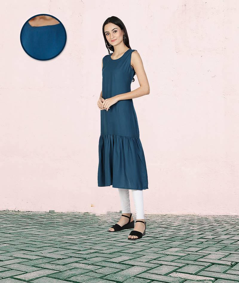 Fabclub Rayon Solid Plain Pleated Women Kurta Dress (Teal Blue)