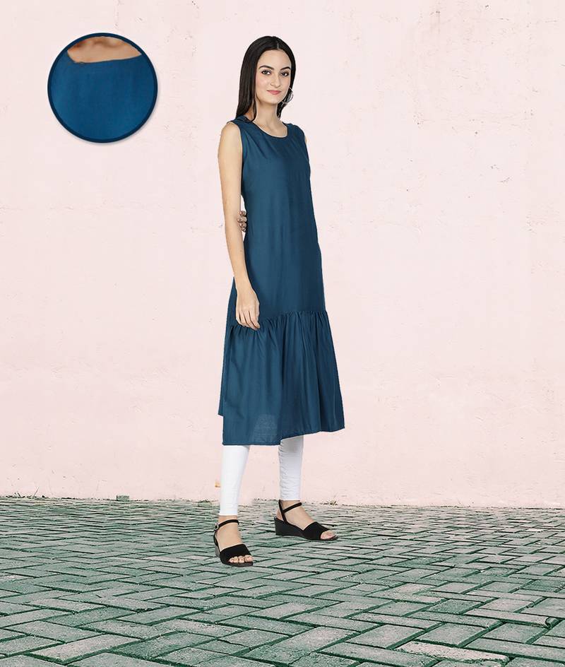 Fabclub Rayon Solid Plain Pleated Women Kurta Dress (Teal Blue)