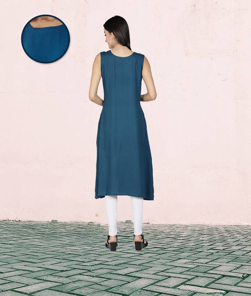 Fabclub Rayon Solid Plain Pleated Women Kurta Dress (Teal Blue)