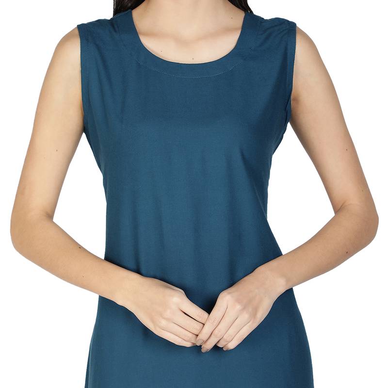Fabclub Rayon Solid Plain Pleated Women Kurta Dress (Teal Blue)