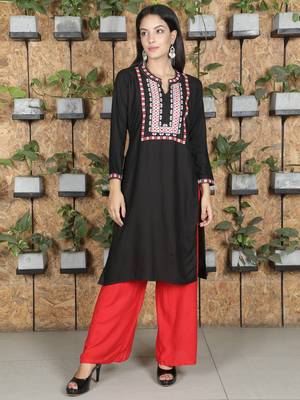 Fabclub Rayon Embroidered Straight Women Kurti (Black) 1