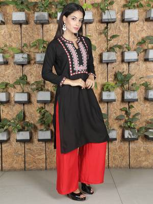 Fabclub Rayon Embroidered Straight Women Kurti (Black) 2