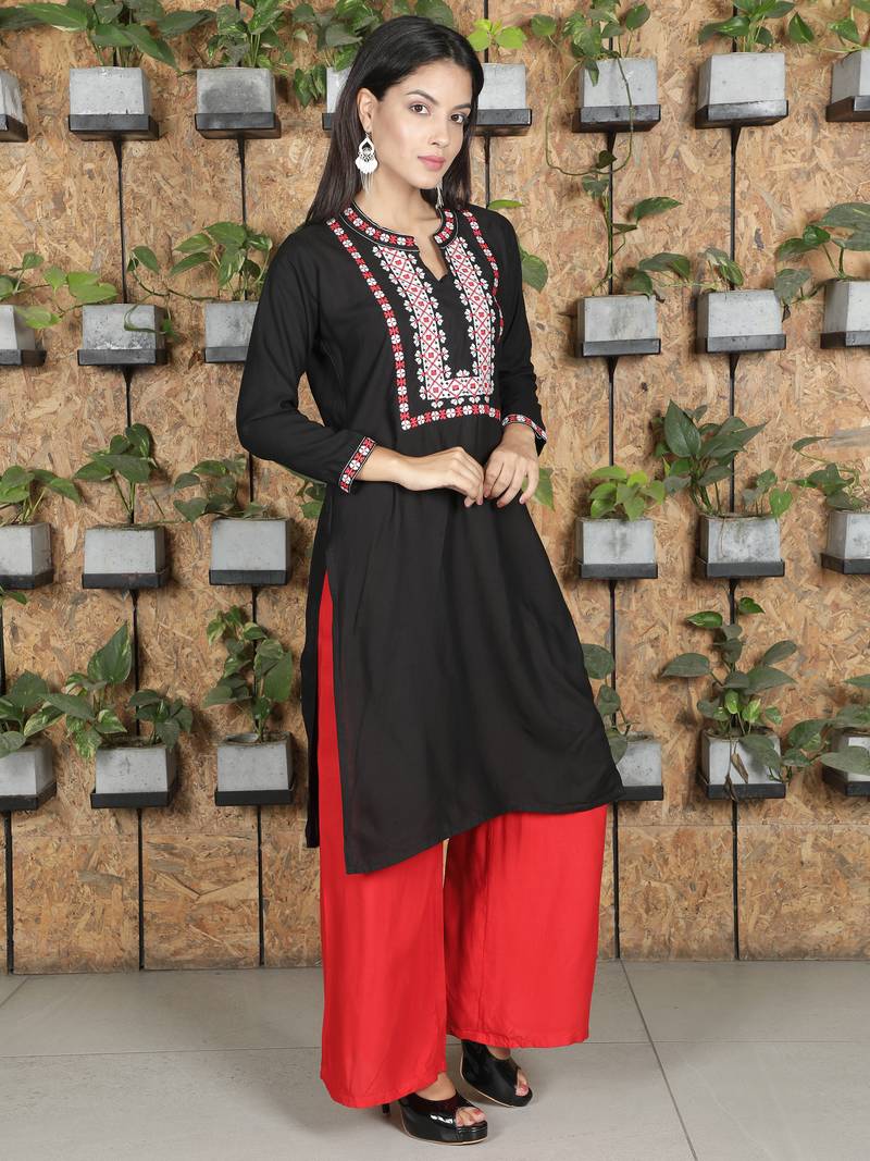 Fabclub Rayon Embroidered Straight Women Kurti (Black)