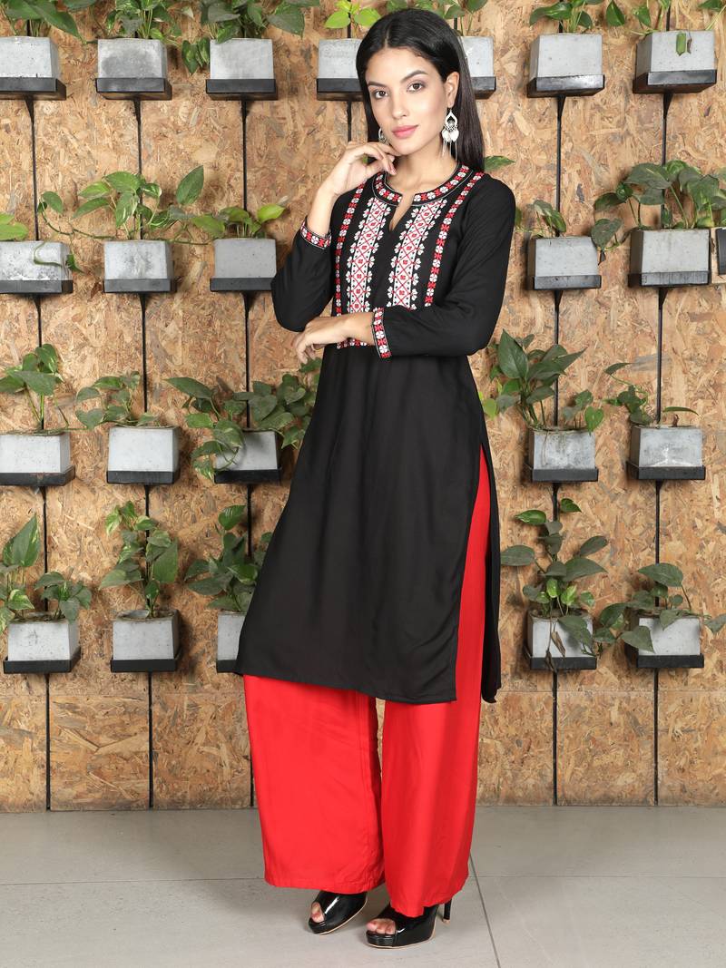 Fabclub Rayon Embroidered Straight Women Kurti (Black)