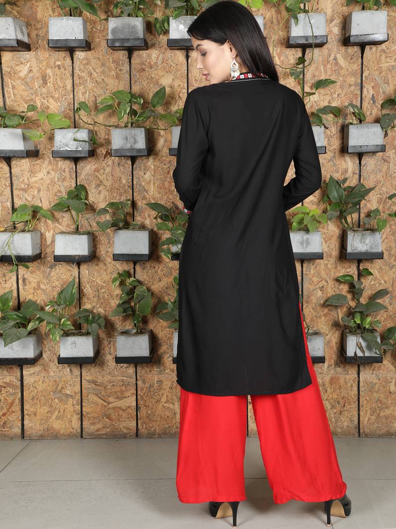 Fabclub Rayon Embroidered Straight Women Kurti (Black)