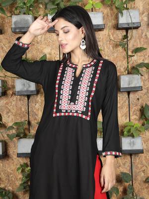 Fabclub Rayon Embroidered Straight Women Kurti (Black) 5